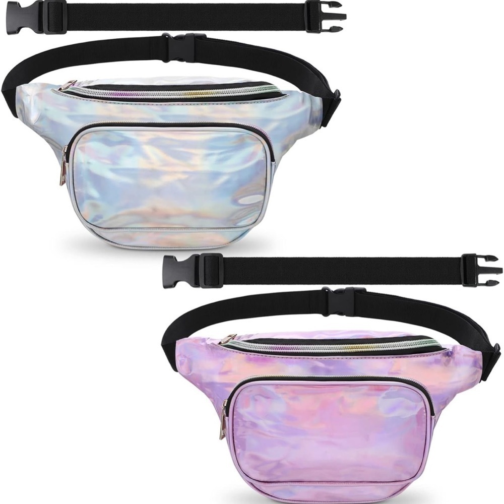 Set of 2 Holographic Plus Size Fanny Pack Set Silver & Purple Belt Bag Crossbody